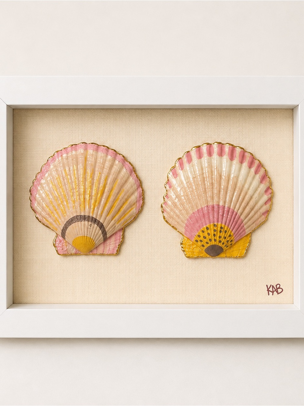 4x6 shadow box Framed Decorative Seashell Wall Art - Pink & Yellow